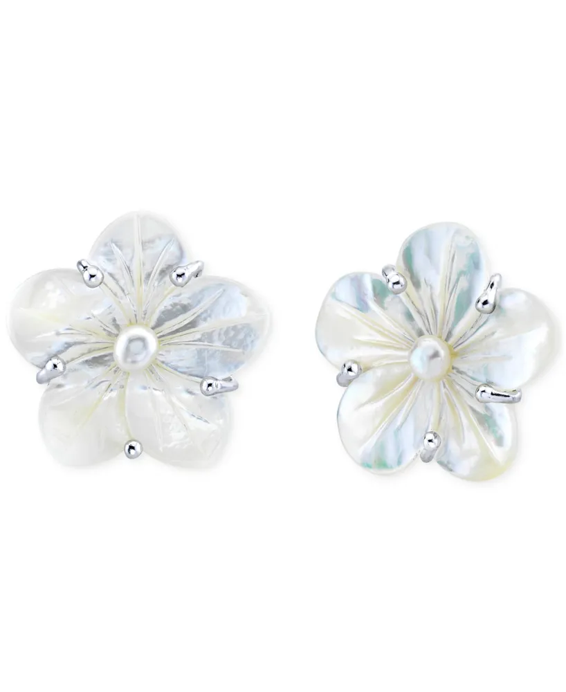 White Mother Of Pearl & Cultured Freshwater Pearl (5mm) Flower Stud Earrings in Sterling Silver