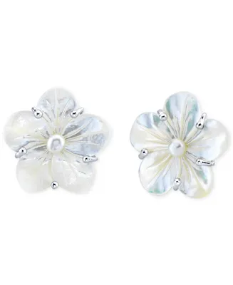 White Mother Of Pearl & Cultured Freshwater Pearl (5mm) Flower Stud Earrings in Sterling Silver