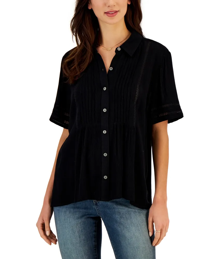 Style & Co Petite Pintuck Short-Sleeve Button-Front Shirt