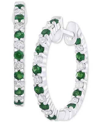 Emerald (1/2 ct. t.w.) & Diamond (3/8 Out Small Hoop Earrings 14k White Gold, 0.75" (Also Ruby Sapphire)