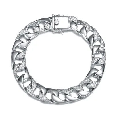 Genevive Men's Sterling Silver White Gold Plated with Iced Out Cubic Zirconia Miami Cuban Chain Bracelet