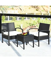 3PCS Patio Rattan Furniture Set Table & Chairs Set with Cushions