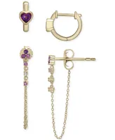 2-Pc. Set Amethyst (5/8 ct. t.w.) & Lab-grown White Sapphire (1/20 ct. t.w.) Hoop & Chain Drop Earrings in 14k Gold-Plated Sterling Silver