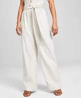 And Now This Women's Linen Blend Paperbag Pants