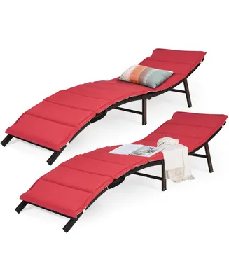 2PCS Patio Rattan Folding Lounge Chair Stackable Double Sided Cushion