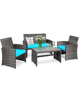 4PCS Patio Rattan Furniture Set Conversation Glass Table Top Cushioned