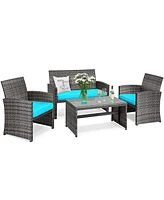 4PCS Patio Rattan Furniture Set Conversation Glass Table Top Cushioned