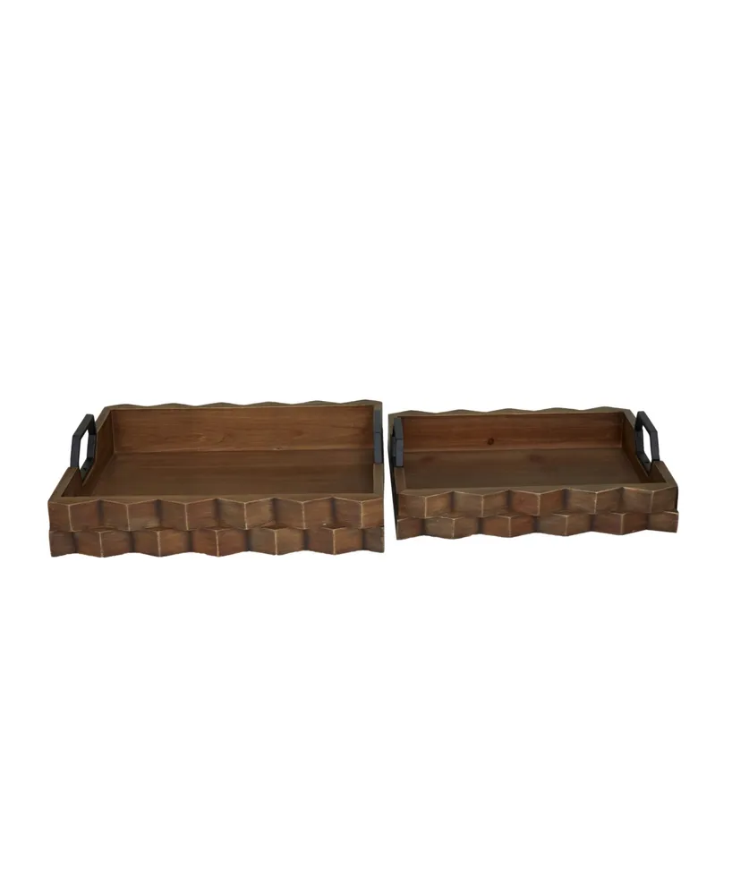 Rosemary Lane Dark Wood Tray with Metal Handles, Set of 2, 14", 16" W