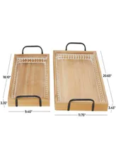 Rosemary Lane Wood Carved Beaded Tray with Metal Handles, Set of 2, 21", 18" W