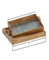 Rosemary Lane Wood Tray with Galvanized Interior, Set of 3, 15", 16", 17" W