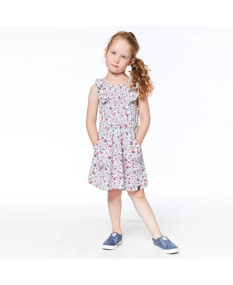 Girl Organic Cotton Printed Sleeveless Smocked Dress Oatmeal Mix Little Flowers - Child