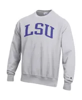 Men's Champion Heathered Gray Lsu Tigers Big and Tall Reverse Weave Fleece Crewneck Pullover Sweatshirt