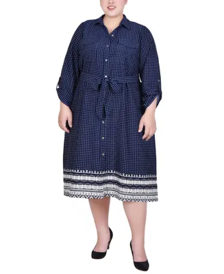 Ny Collection Plus Size 3/4 Roll Tab Sleeve Belted Shirtdress