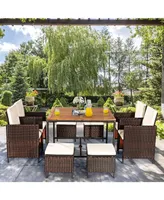 Costway 9PCS Patio Rattan Dining Set Cushioned Chairs Ottoman Wood Table Top