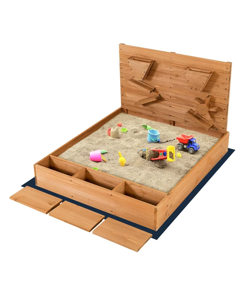 Costway Wooden Sandbox w/ Sand Wall & Cover & Bottom Liner for Kids Outdoor