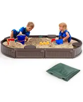 Costway 6F Wooden Sandbox w/Built-in Corner Seat, Cover, Bottom Liner for Outdoor Play