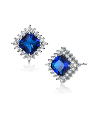 Genevive Cubic Zirconia Sterling Silver White Gold Plated Sapphire Square Shape Earrings
