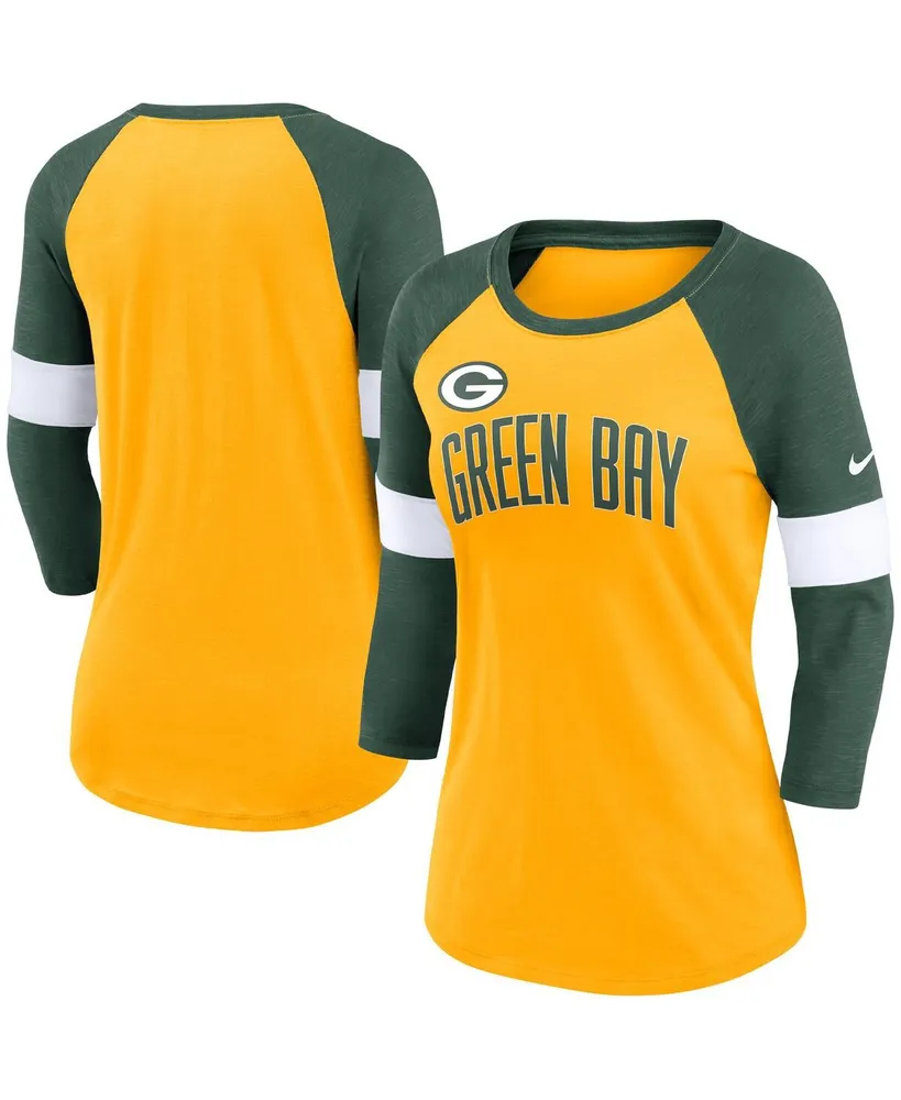 Women's Nike Green Bay Packers Heather Gold, Heather Green Football Pride Raglan 3/4-Sleeve T-shirt