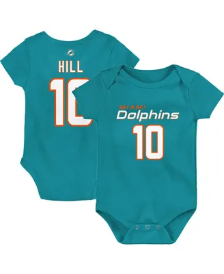 Newborn and Infant Navy Boys Girls Tyreek Hill Aqua Miami Dolphins Mainliner Player Name Number Bodysuit