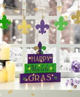 Glitzhome 11.75" L Lighted Mardi Gras Wooden Fleur-De-Lis Block Table Sign