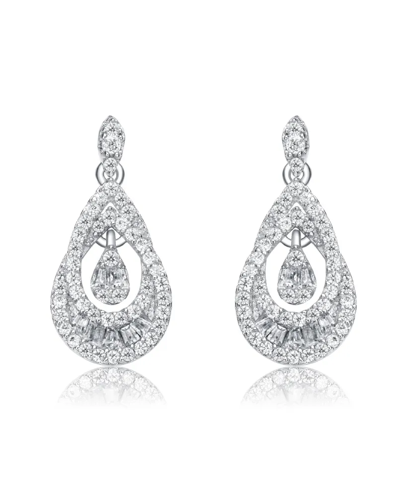 Genevive Sterling Silver White Gold Plated Clear Round Cubic Zirconia Double Pear Drop Earrings