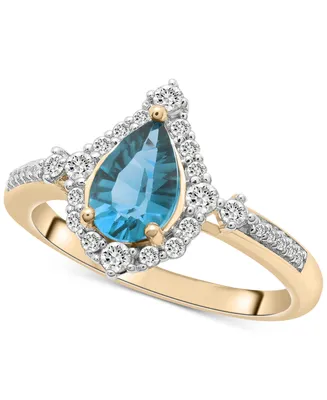 London Blue Topaz (1-1/10 ct. t.w.) & Diamond (1/4 ct. t.w.) Pear Halo Ring in 14k Gold