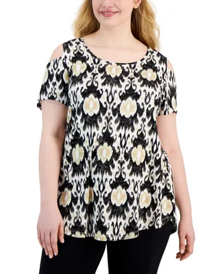 Jm Collection Ikat Ogee Scoop-Neck Cold-Shoulder Top, Created for Macy's