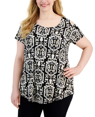 Jm Collection Plus Size Stripe Boho Cold-Shoulder Top, Created for Macy's