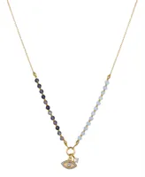 Unwritten 14k Gold Plated Cubic Zirconia and Crystal Evil Eye on a Lolite and Aquamarine Beaded Chain Necklace