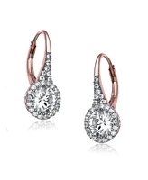 Sterling Silver Clear Round Cubic Zirconia Partially Paved and Haloed Solitaire Drop Earrings