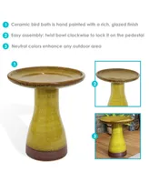 21" H Ceramic Bird Bath for Outside - Hand-Painted Outdoor Bird Bath Bowl, Uv/Frost-Resistant Finish - Cognac Yellow - Ribbed Pedestal