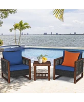 3PCS Patio Wicker Furniture Set Solid Wood Frame Cushion Sofa w/ Square Table Shelf
