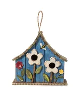 Glitzhome 10.5'' H Distressed Solid Wood Birdhouse with 3D Flowers