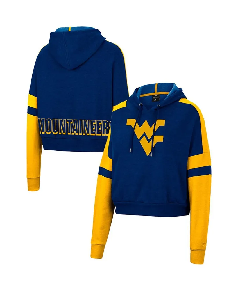 Women's Colosseum Heather Navy West Virginia Mountaineers Throwback Stripe Arch Logo Cropped Pullover Hoodie