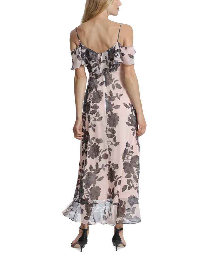 London Times Petite Floral-Print Ruffled Cold-Shoulder Maxi Dress