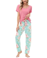 Echo Women's Short Sleeve Pocket T-Shirt with Printed Jogger Pants 2 Piece Pajama Set