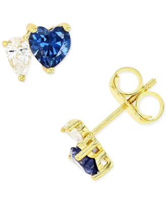 Blue and White Cubic Zirconia Heart Stud Earrings Sterling Silver or 14k Gold over
