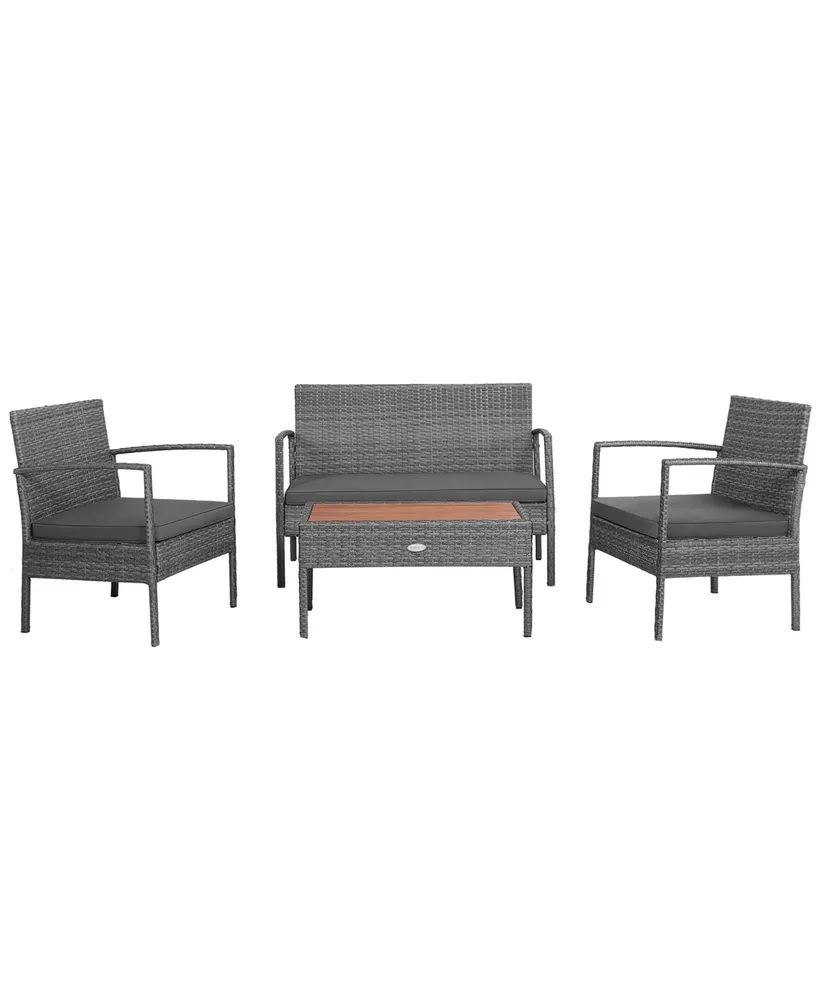 Costway 4PCS Patio Rattan Furniture Set Cushioned Chair Wooden Tabletop