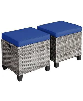 2PCS Patio Rattan Cushioned Ottoman Seat Foot Rest Table