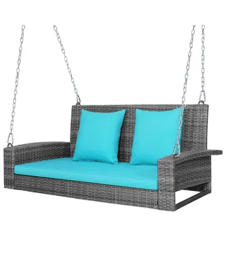 2-Person Patio Pe Wicker Hanging Porch Swing Bench Chair Cushion 800lbs