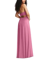 Dessy Collection Women's Strapless Empire Waist Cutout Maxi Dress with Covered Button Detail