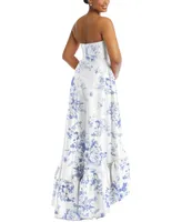 Alfred Sung Plus Strapless Floral High-Low Ruffle Hem Maxi Dress with Pockets