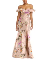 Alfred Sung Women's Off-the-Shoulder Ruffle Neck Floral Satin Trumpet Gown