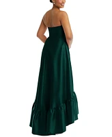 Alfred Sung Plus Strapless Deep Ruffle Hem Satin High Low Dress with Pockets