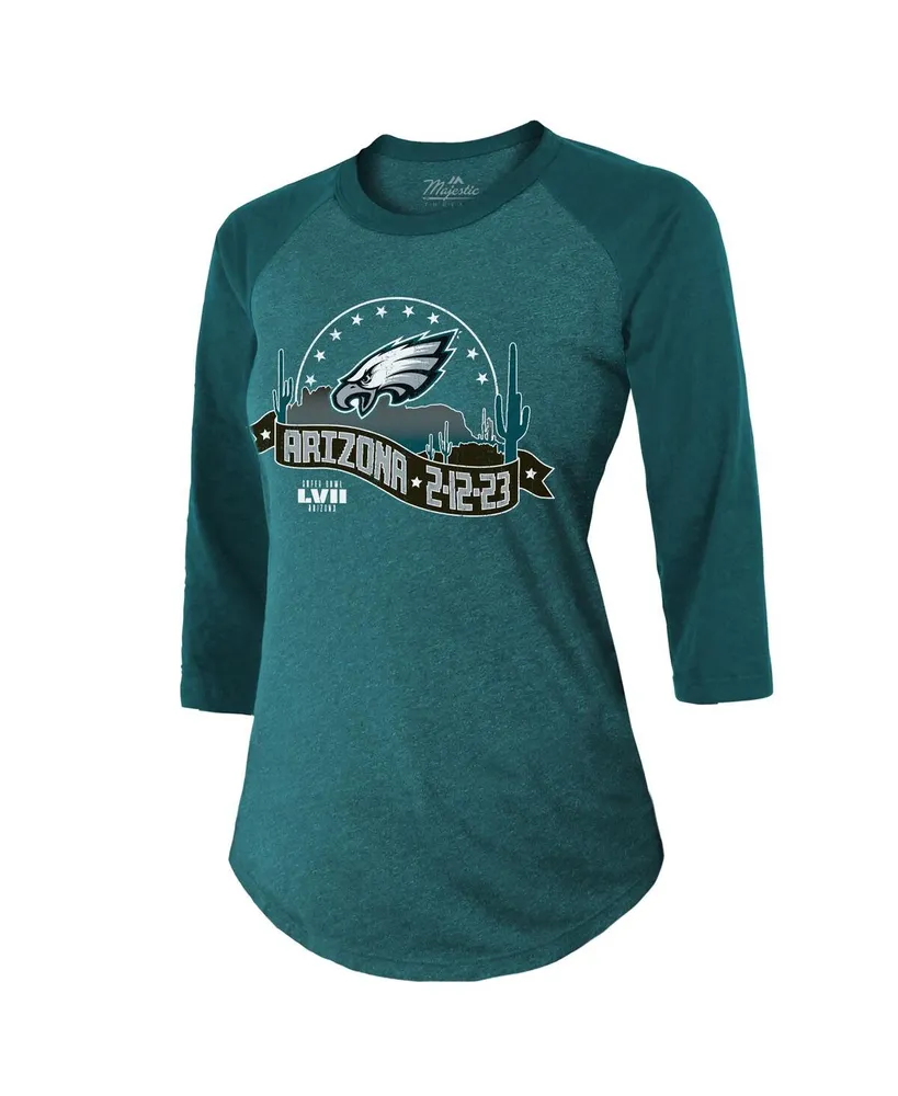Women's Majestic Threads Midnight Green Philadelphia Eagles Super Bowl Lvii Desert Tri-Blend Raglan 3/4 Sleeve T-shirt