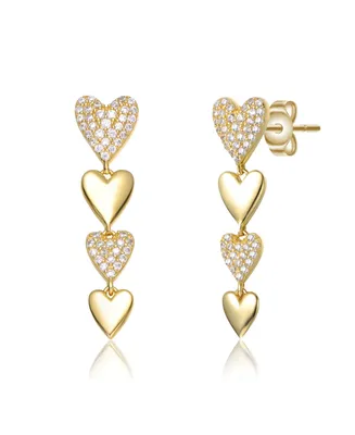 Genevive Sterling Silver 14k Yellow Gold Plated with Cubic Zirconia Double Stampato Heart Dangle Earrings