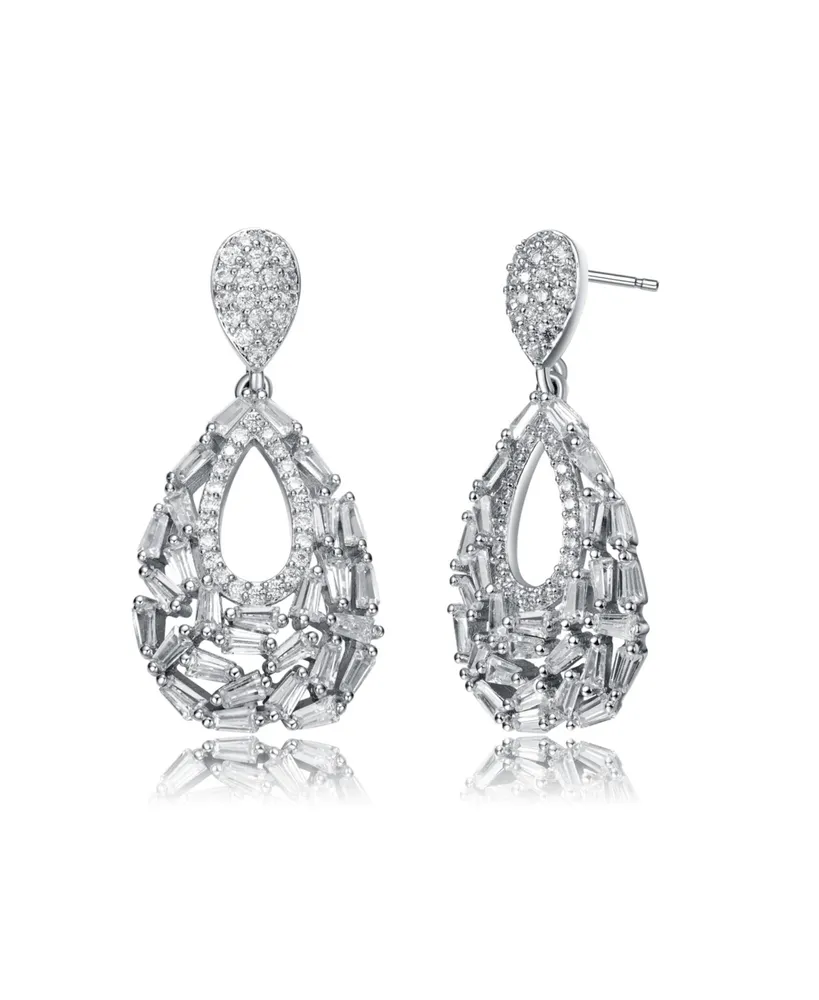 Genevive Captivating Sterling Silver Pear Shape Drop Earrings with Baguette and Round Cubic Zirconia