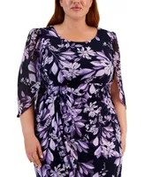 Connected Plus Floral-Print 3/4-Sleeve Faux-Wrap Dress