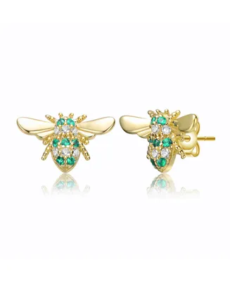 Genevive Sterling Silver Mini 14k Yellow Gold Plated with Cubic Zirconia Pave Wasp Stud Earrings