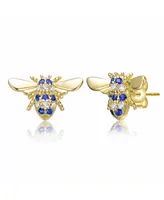 Genevive Sterling Silver Mini 14k Yellow Gold Plated with Cubic Zirconia Pave Wasp Stud Earrings